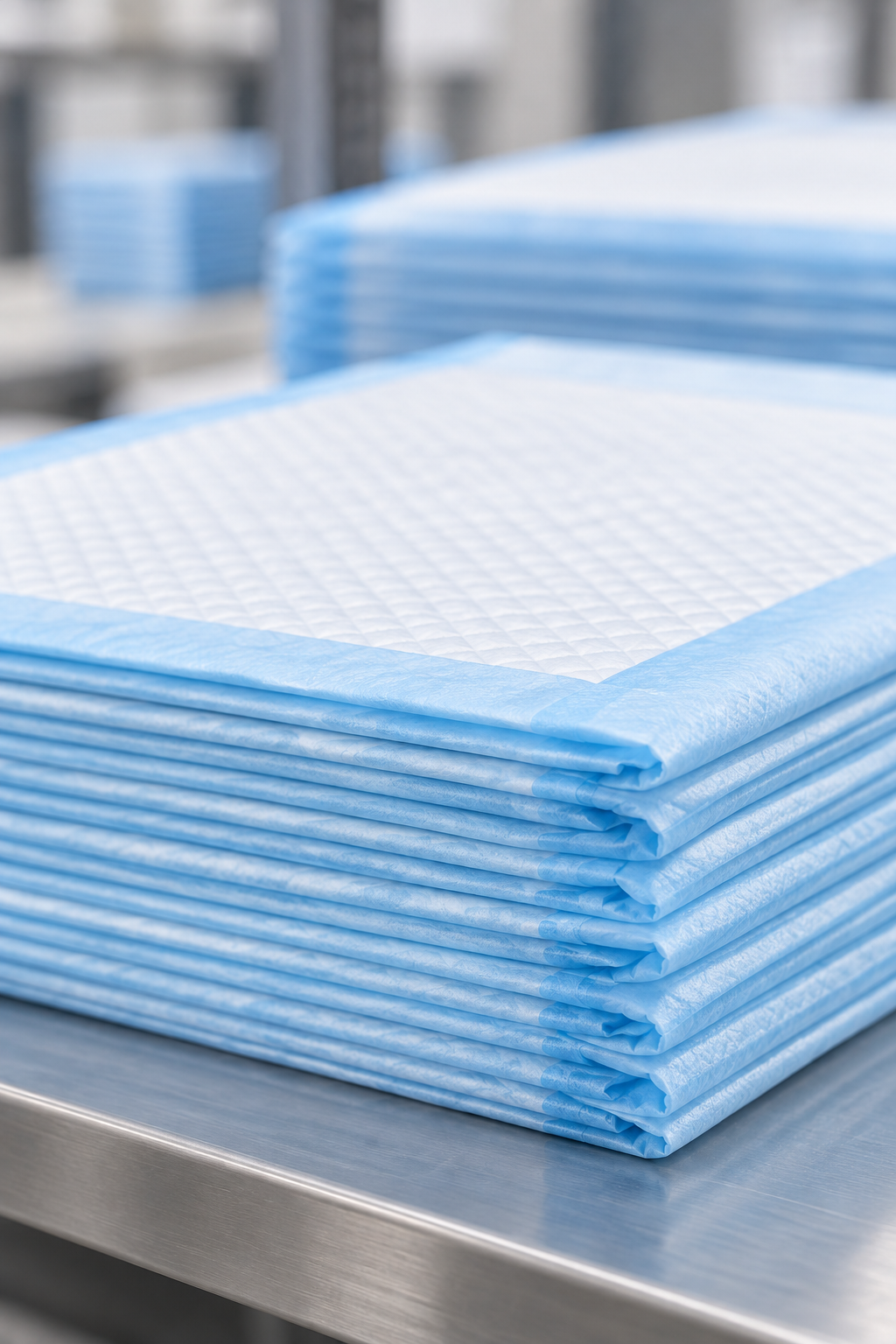 Stack of blue and white disposable underpads
