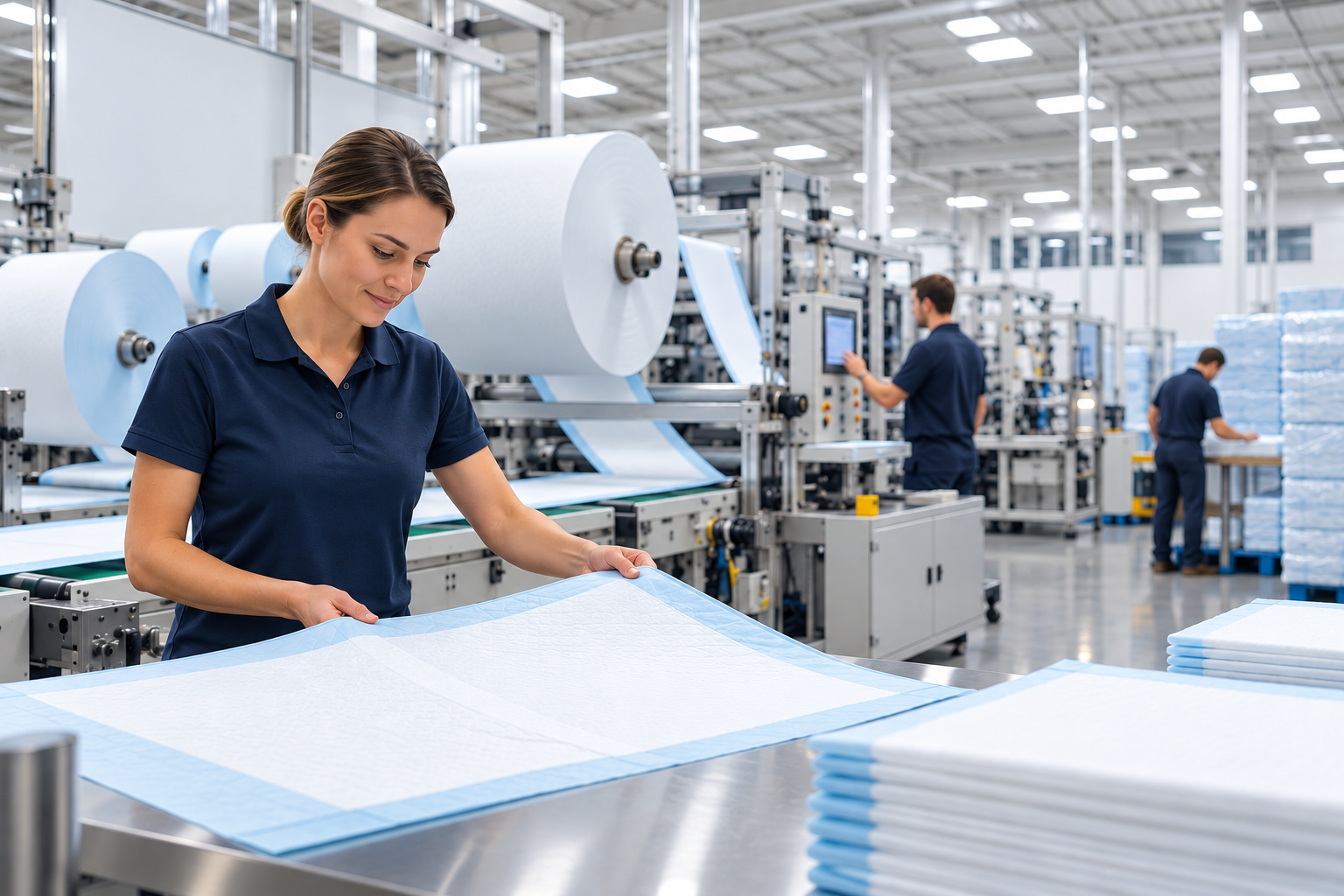 Snugwell team member inspecting an underpad on the manufacturing floor